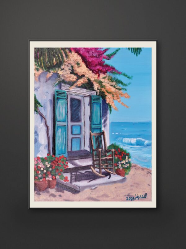 coastal cottage painting print Sea Cottage by Alaa Arfa. Sea Cottage coastal wall art print featuring turquoise shutters and Mediterranean sea view